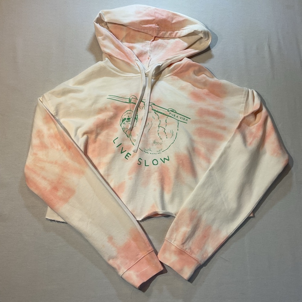 Pure Vida NWT Sloth Crop Top, Pink White Tie Dye Long Sleeves w/Hood, Size Small